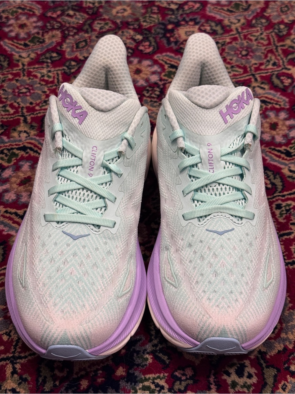 Hoka Clifton 9 Women's Running Shoes in Mint and Lavender